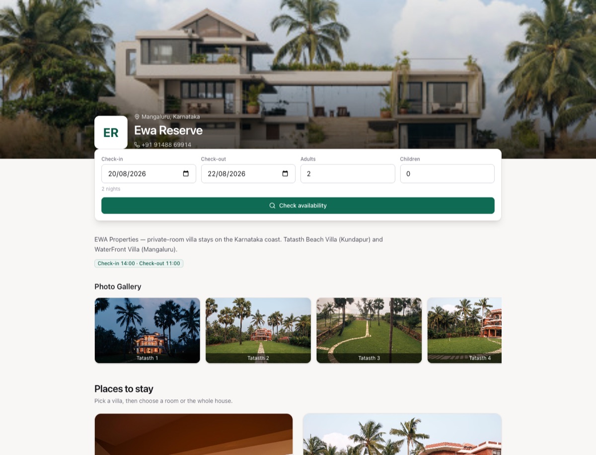 Guest catalog with check-in, check-out, guest counts and Check availability
