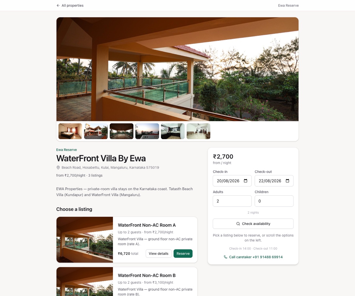 Villa listing with photo gallery, rooms to reserve, and a date search
