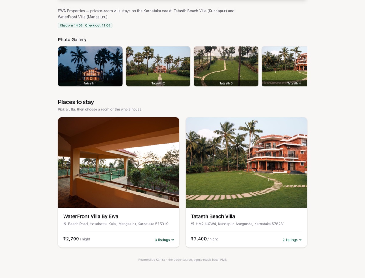 Places to stay: villa cards with photos, addresses and nightly rates