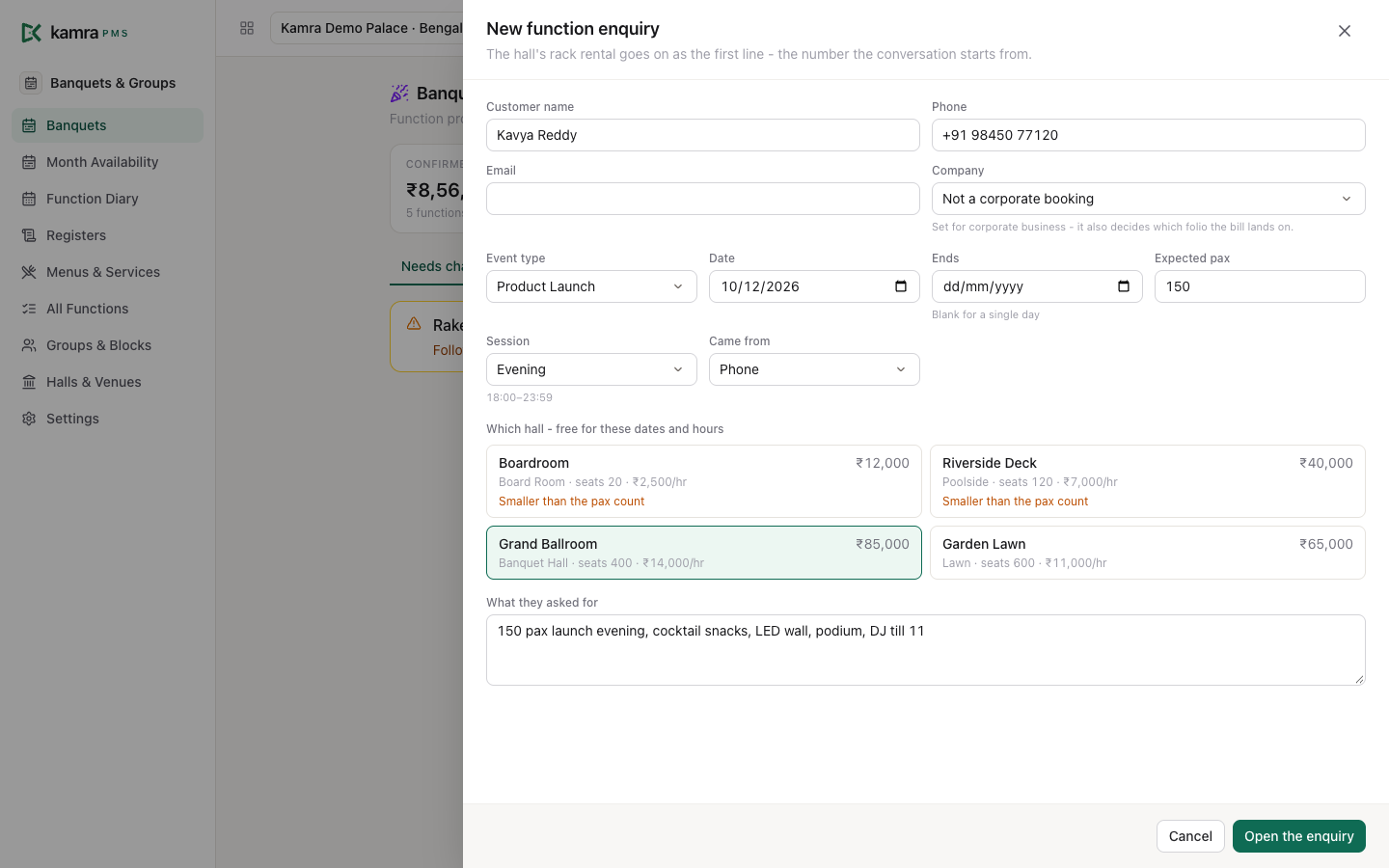 A new function enquiry: customer, event type, date, pax, session and the hall picker with Grand Ballroom selected