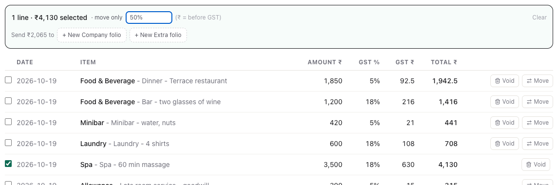 One spa line selected, 50% typed in the move-only box, and the buttons to send it to a new Company or Extra folio