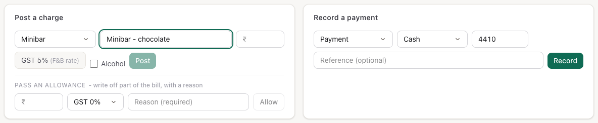The Post a charge and Record a payment cards under the bill: a minibar charge shows the fixed GST 5% F&B rate, with the allowance row below