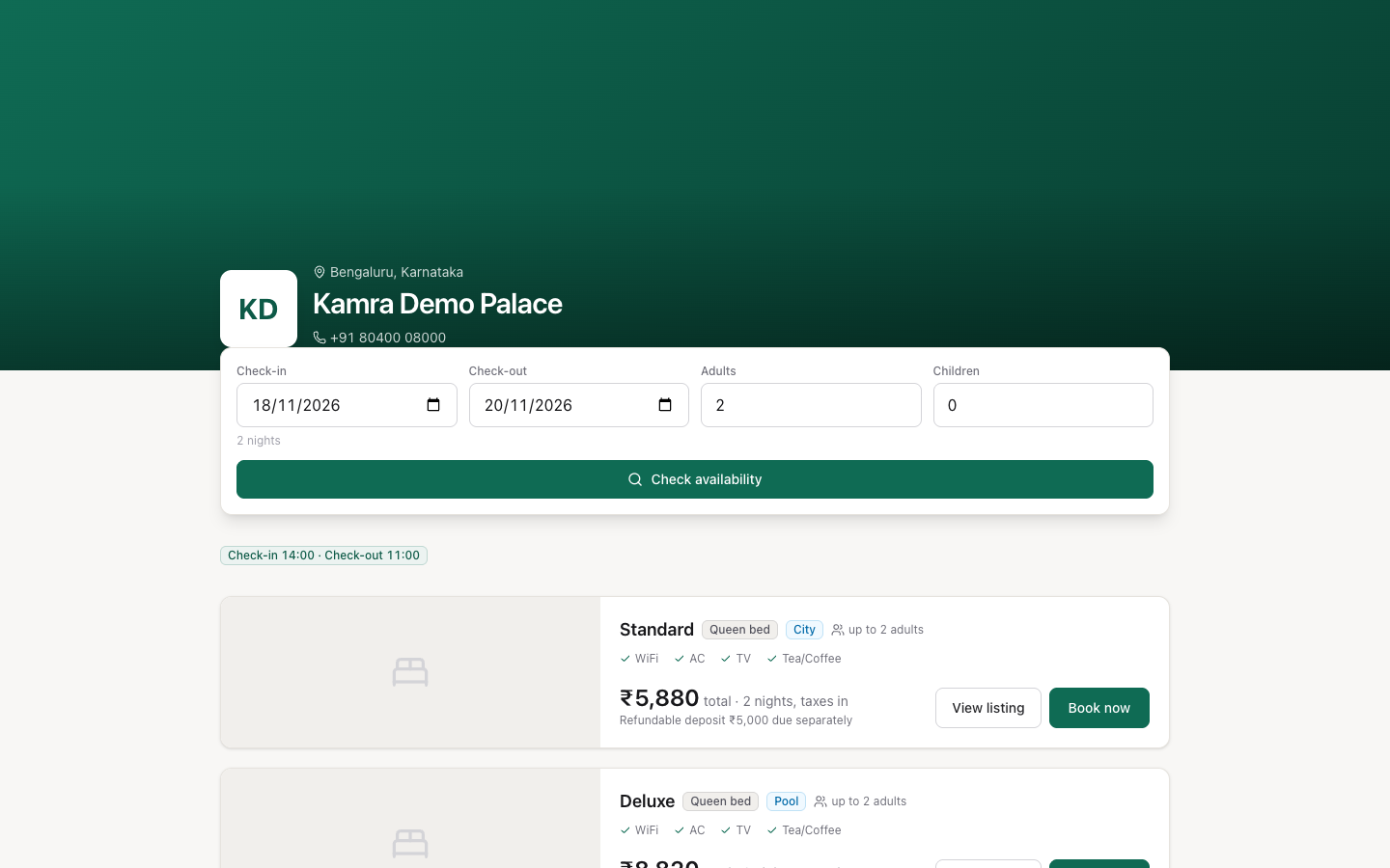 The booking page for Kamra Demo Palace: dates and guests at the top, then each room type with its price for the stay
