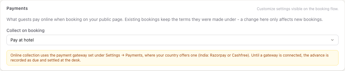 The Payments section with Collect on booking set to Pay at hotel, and the note about the payment gateway