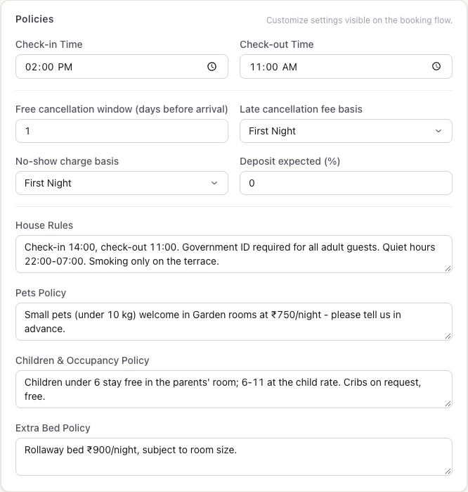The Policies section: check-in and check-out times, cancellation window and fee, no-show charge, deposit and house rules
