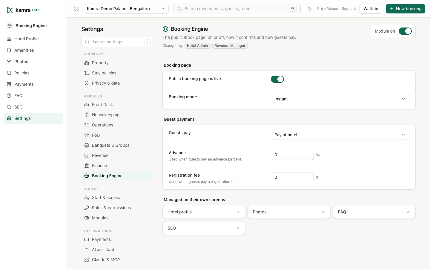 Booking Engine settings: the page is live, Instant booking mode, guests pay at the hotel