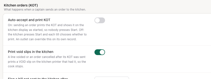Settings → F&B: auto-accept and print KOT, and void slips