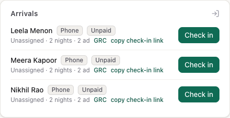 The arrivals list: each guest with source and payment chips, the room, nights and party size, the GRC and copy check-in link shortcuts, and a Check in button