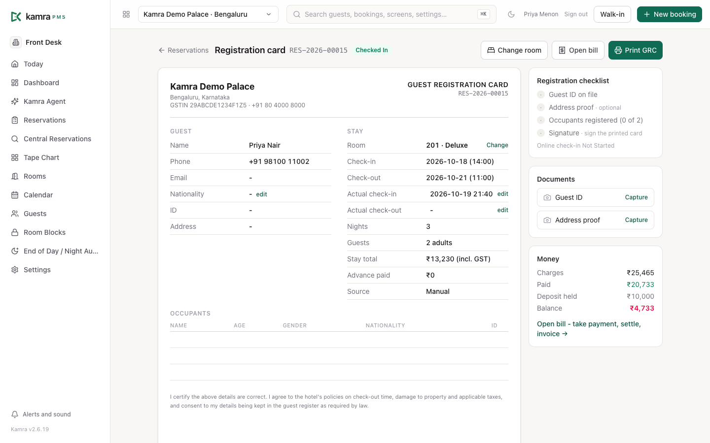 The registration card for Priya Nair: guest and stay details on the printable card, and the registration checklist, documents and money on the right