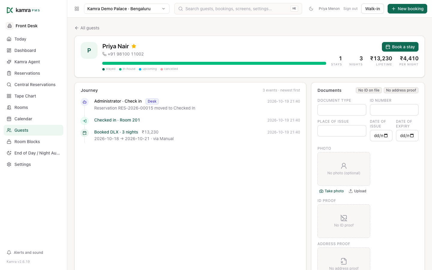 A guest's journey: stay history, totals, notes and preferences, VIP, and profile actions