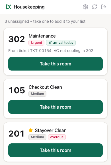 The Available tab with three unassigned rooms, one of them a VIP stayover that is overdue