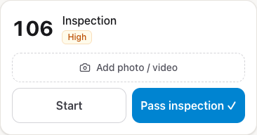 An inspection card for room 106 on the phone app with the Pass inspection button