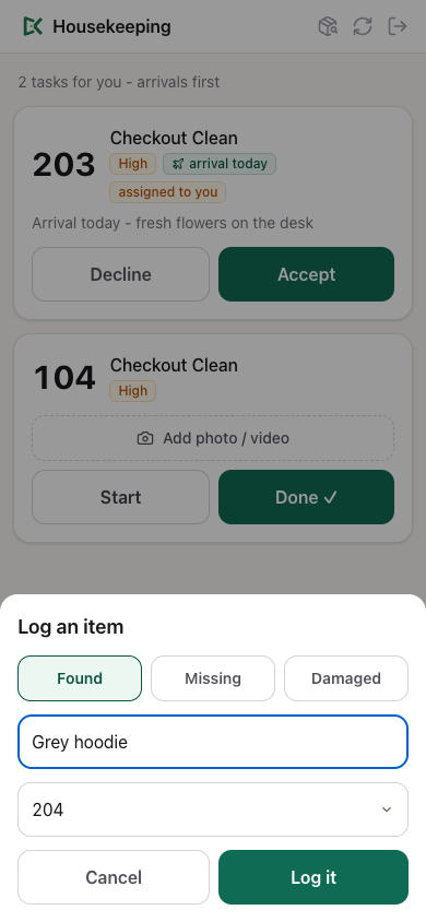 Logging a found grey hoodie from room 204 on the phone app