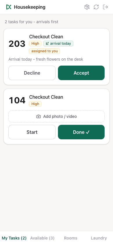 The phone app's My Tasks tab: room 203 assigned and waiting to be accepted, room 104 ready to start