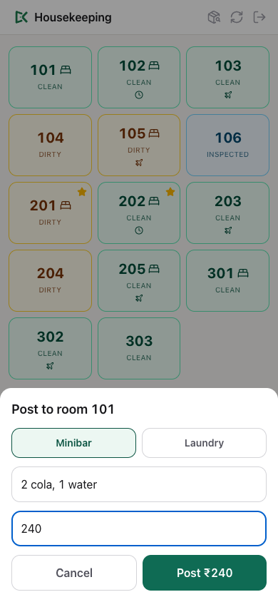 Posting a minibar charge of 240 to room 101 from the phone app