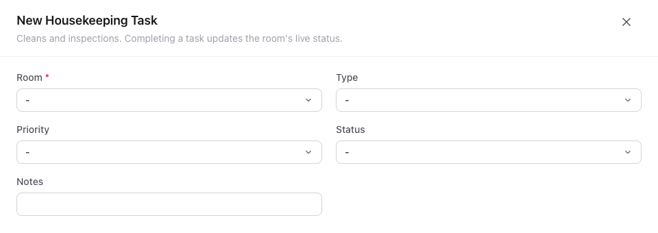 The New Housekeeping Task form with room, type, priority, status and notes