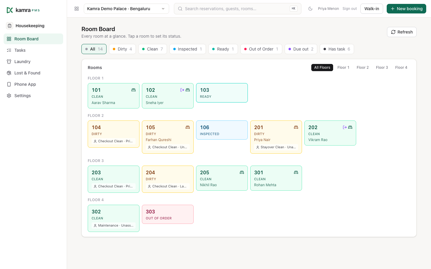 The Room Board: every room by floor, coloured by status, with the guest in it and the open task and its assignee