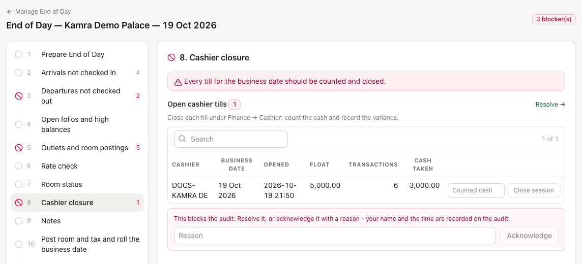Step 8, Cashier closure: an open till with its float and cash taken, the counted-cash box and Close session