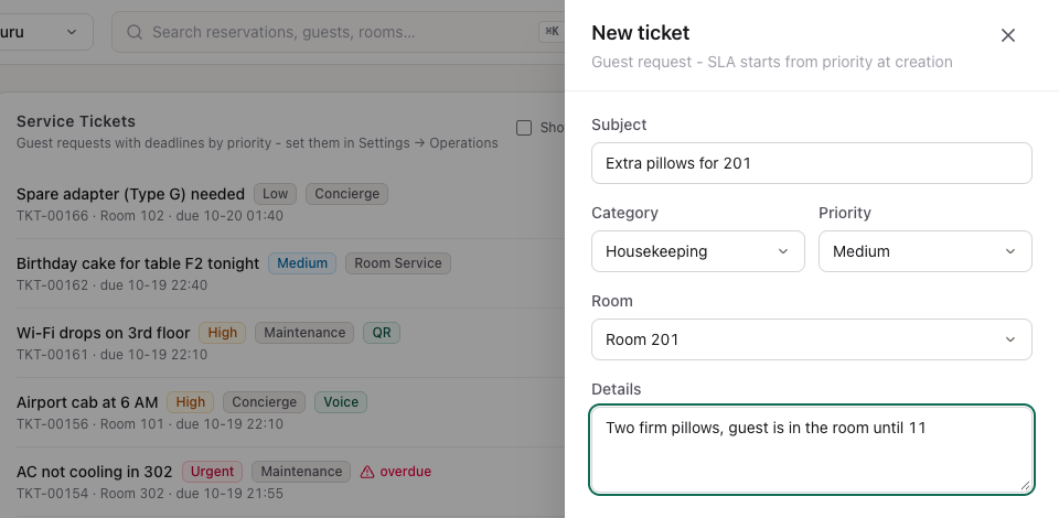 The New ticket form: subject, category Housekeeping, priority Medium, room 201 and details