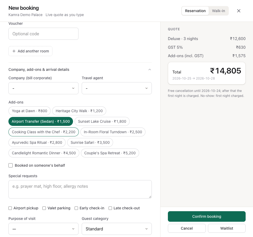 The booking window with Company, add-ons and arrival details open: company and travel agent, add-on chips with Airport Transfer selected, the booker option, special requests and arrival ticks