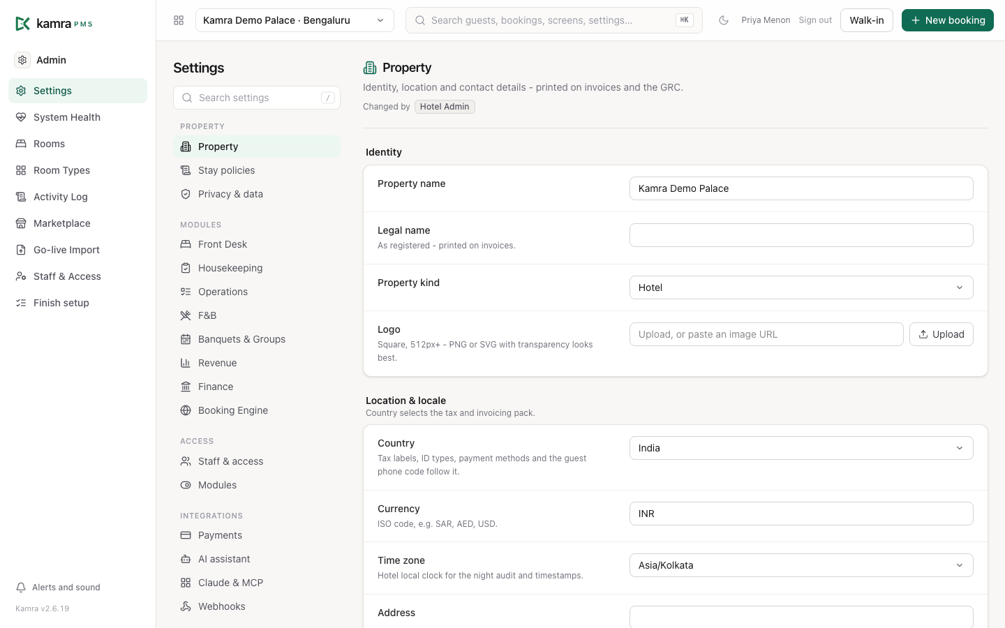 The settings hub: pages grouped as Property, Modules, Access, Integrations and You