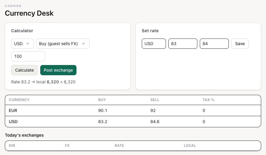 The Currency Desk: the calculator showing 100 USD at the buy rate, the rate table and today's exchanges
