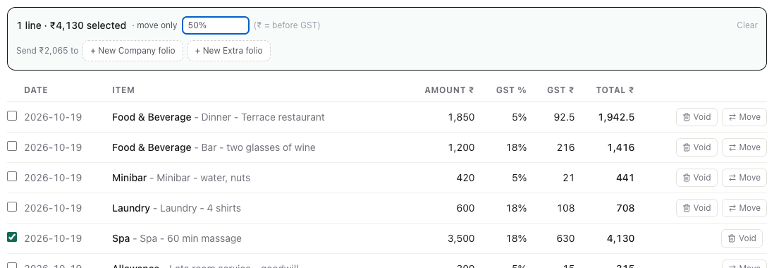 One spa line selected, 50% typed in the move-only box, and the buttons to send it to a new Company or Extra folio