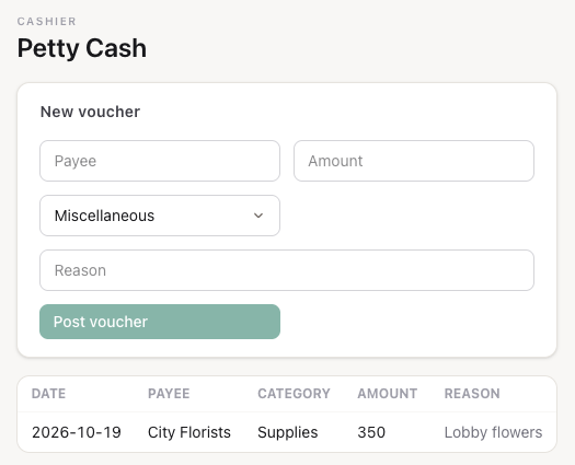The Petty Cash screen with the New voucher form and a posted voucher
