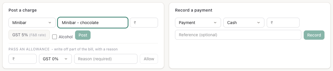 The Post a charge and Record a payment cards under the bill: a minibar charge shows the fixed GST 5% F&B rate, with the allowance row below