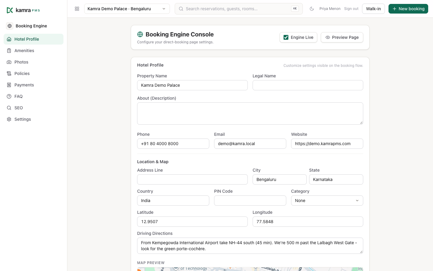 The Booking Engine Console: Engine Live, Preview Page, and the hotel profile form
