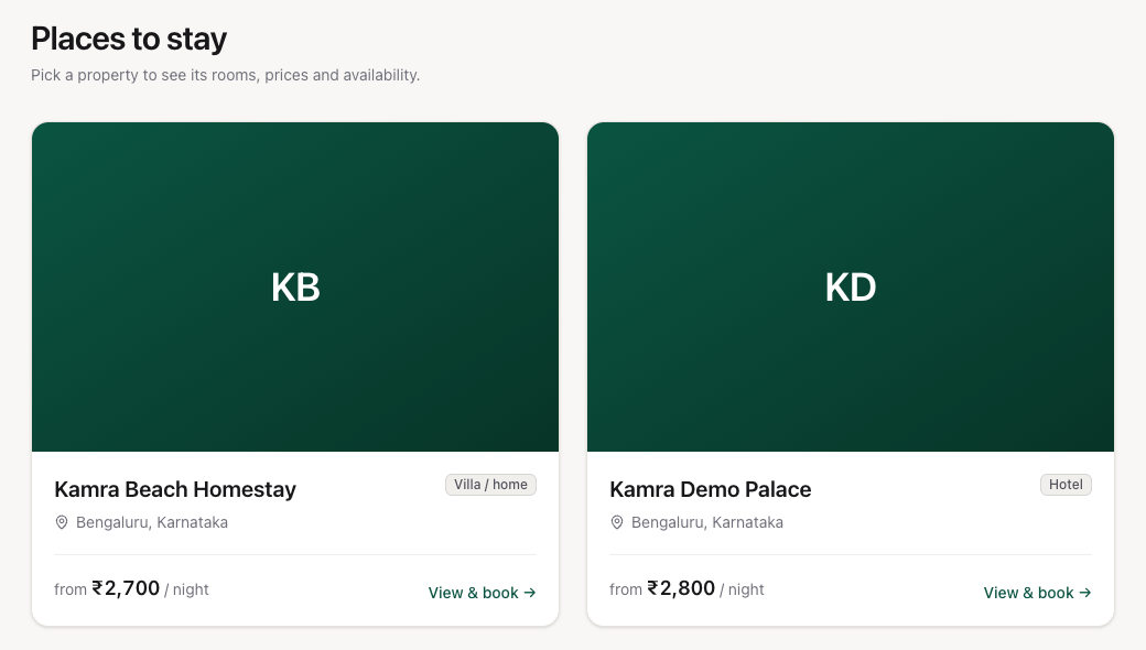 Places to stay: cards for Kamra Beach Homestay and Kamra Demo Palace, each with its city, type and price from per night, and initials where no photo is set