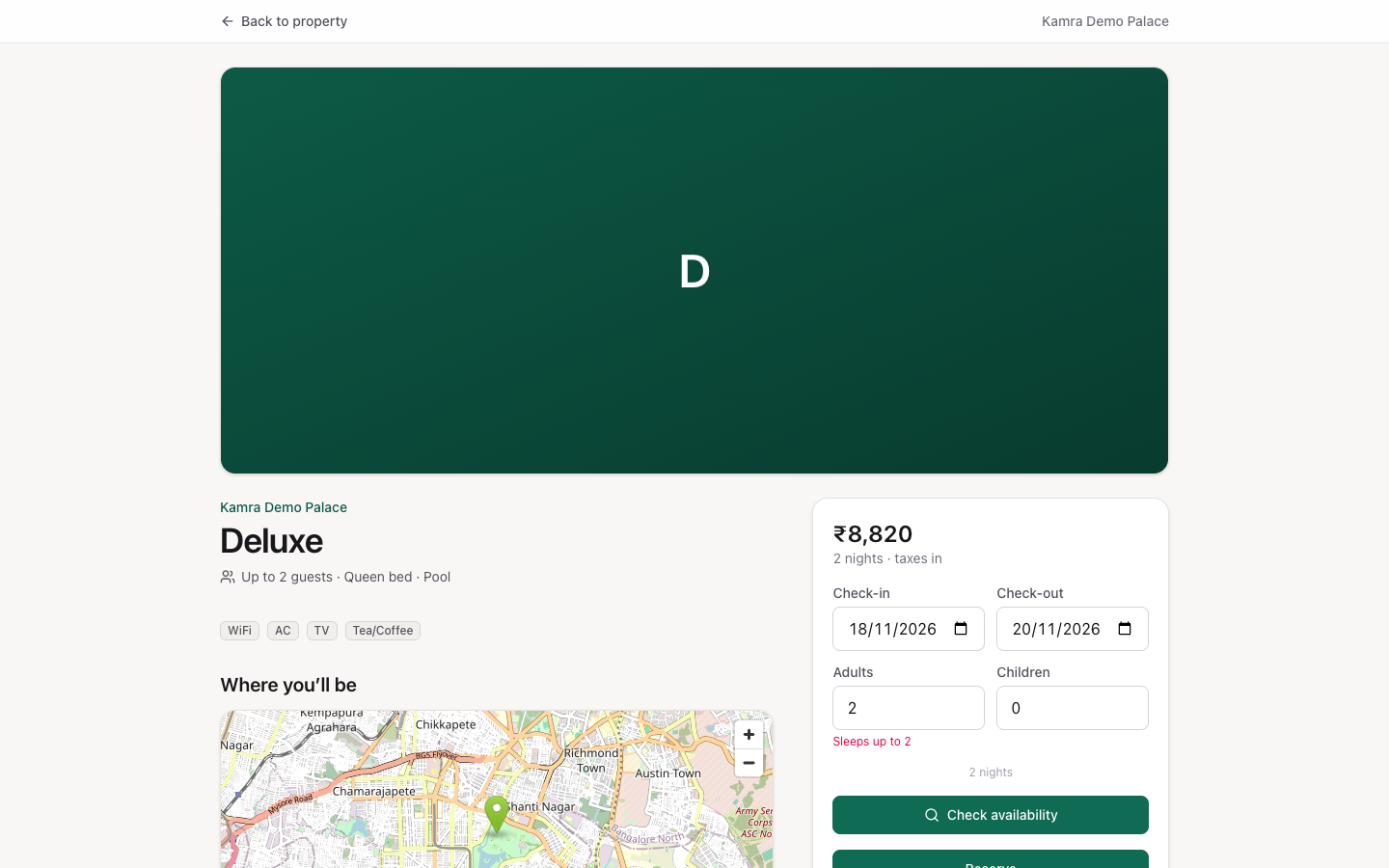 The listing page for Deluxe: room details, map, and the booking box with the price for two nights