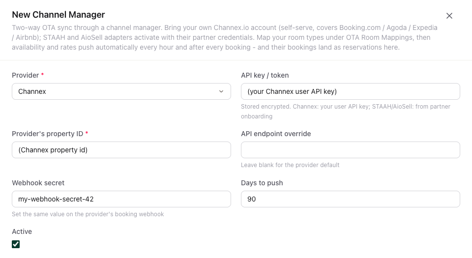 The New Channel Manager form with provider Channex, the API key, the Channex property ID, a webhook secret and 90 days to push