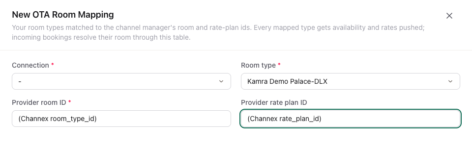 The New OTA Room Mapping form: the connection, a room type and the Channex room and rate plan IDs