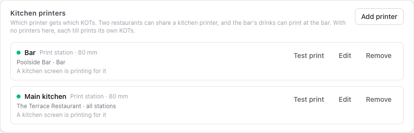 Settings → F&B → Kitchen printers, with a main kitchen printer and a bar printer, both printing