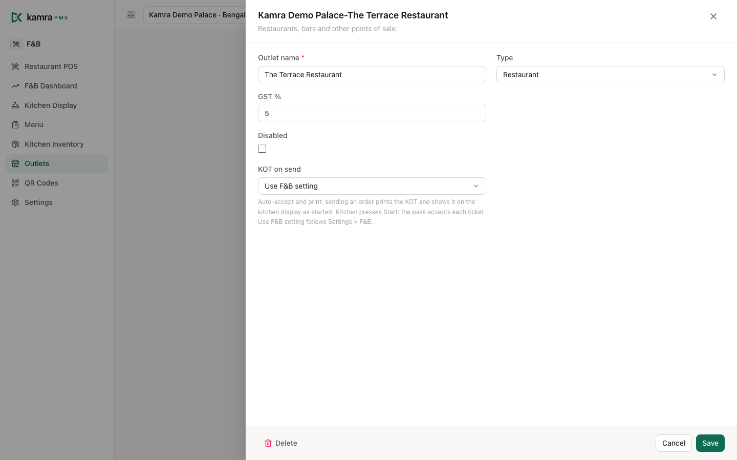 An outlet record with its type, tax rate, tables and the KOT on send setting