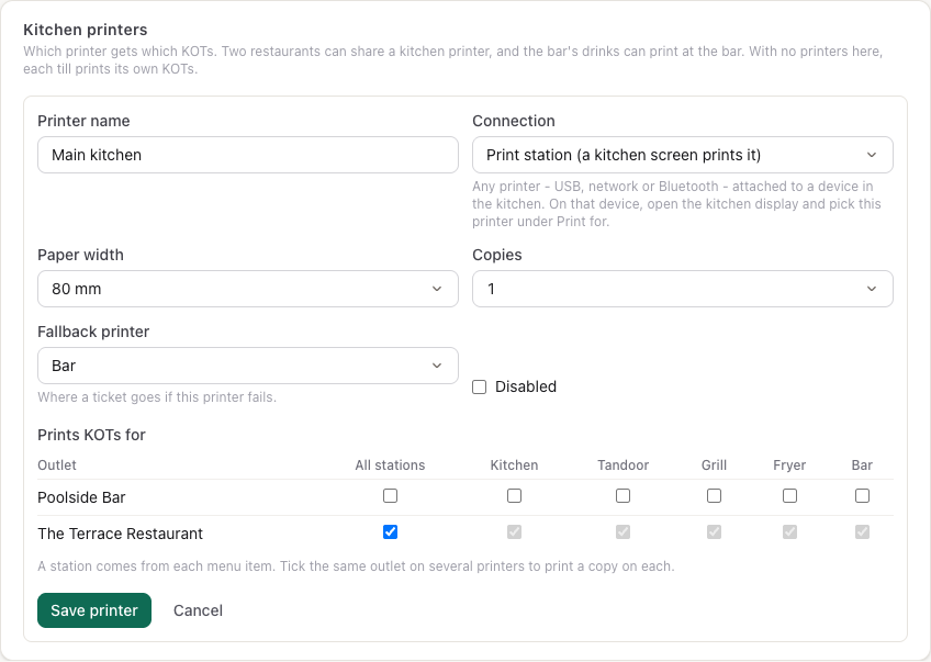The printer form: name, connection, paper, copies, fallback and the outlets × stations grid