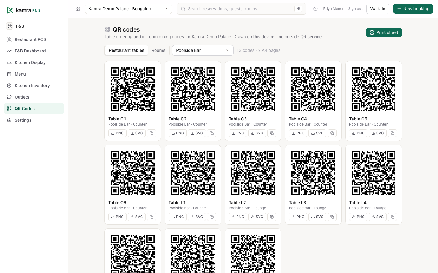 QR codes for each table of the Poolside Bar, with PNG and SVG downloads