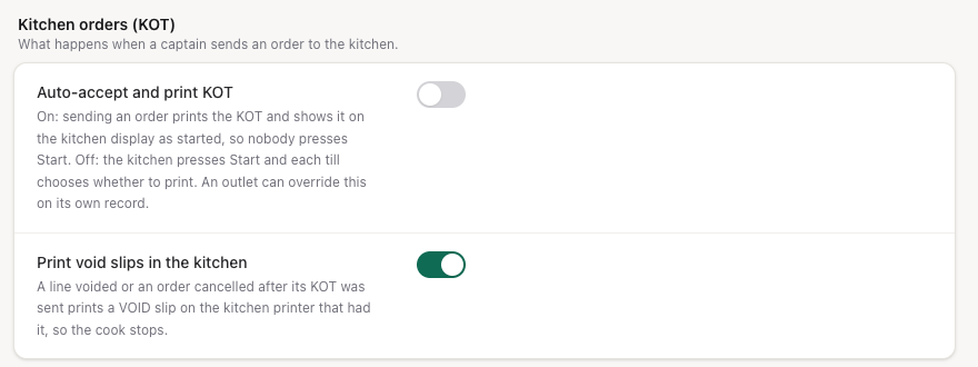 Settings → F&B: auto-accept and print KOT, and void slips