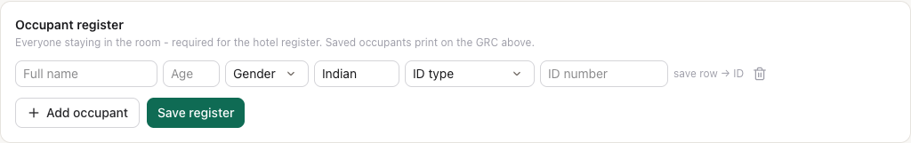 The occupant register: full name, age, gender, nationality, ID type and number for each person, with Add occupant and Save register