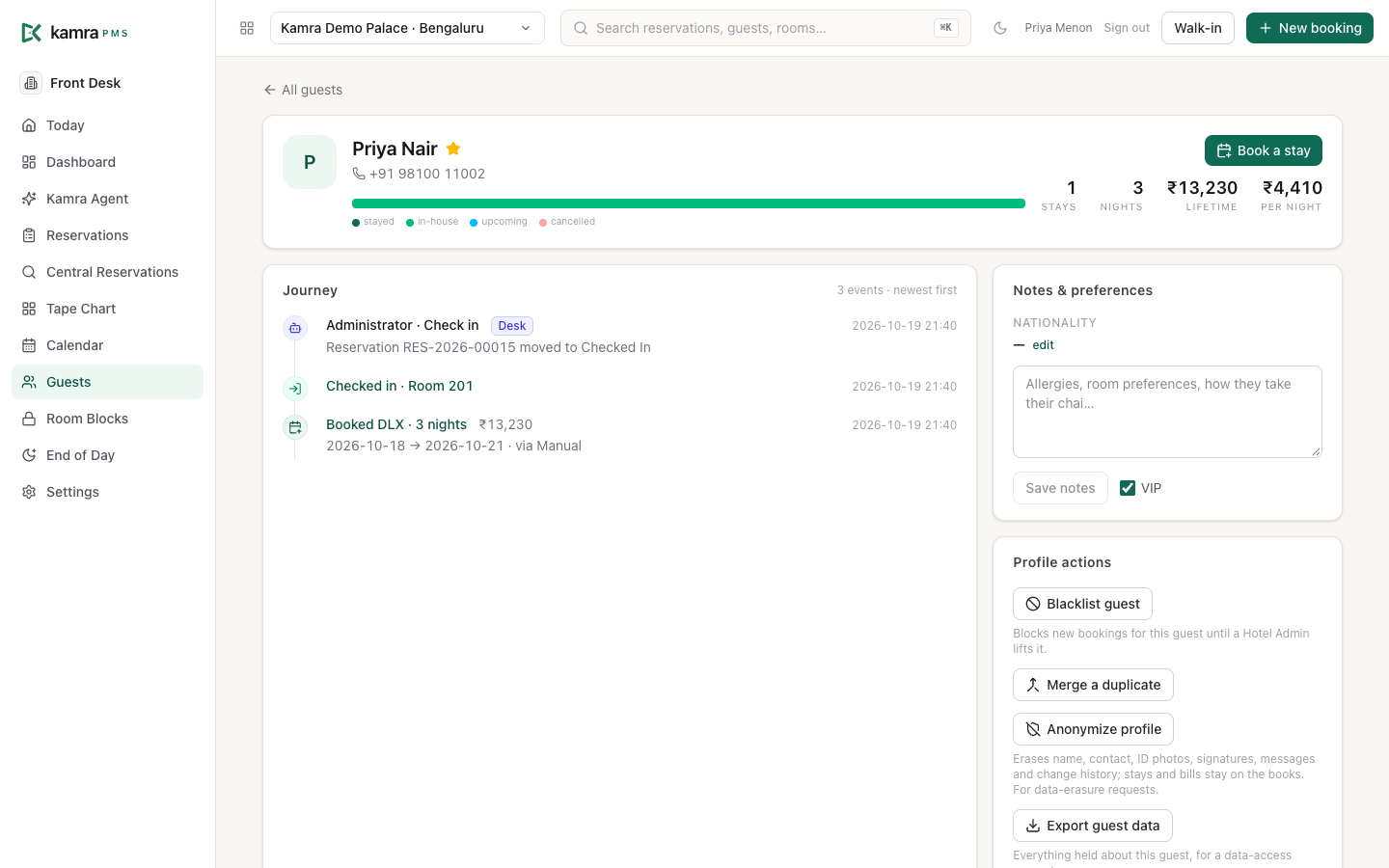 A guest's journey: stay history, totals, notes and preferences, VIP, and profile actions