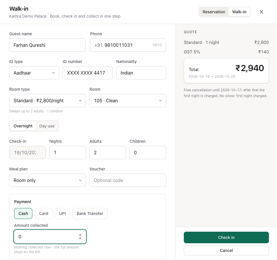 The walk-in screen filled in: guest, phone, Aadhaar ID, Standard room 105, one night, cash payment, and the live quote on the right