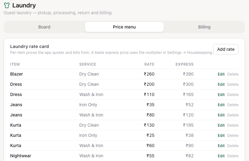 The laundry rate card with items, services, rates and express rates