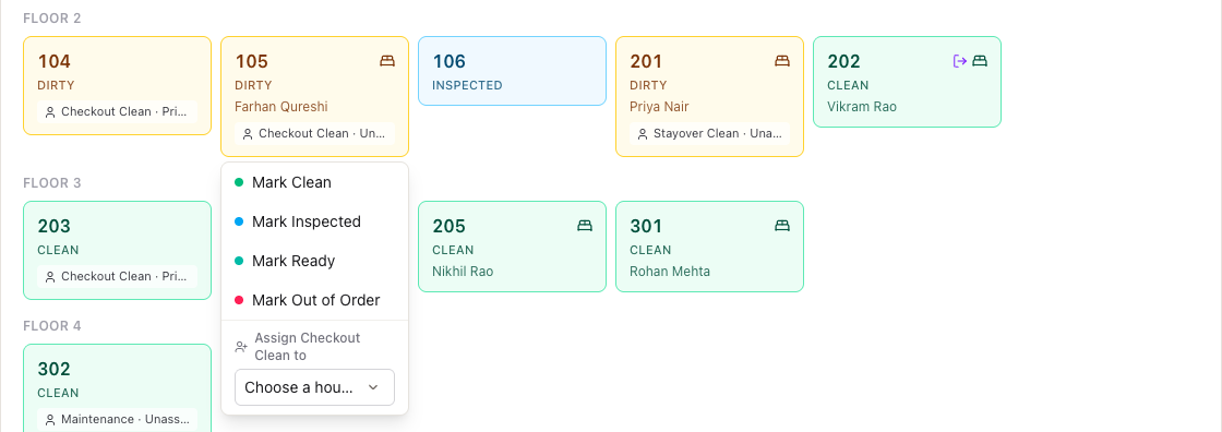 A room's menu on the Room Board with the Mark options and, below them, the list to assign the room's task to a housekeeper