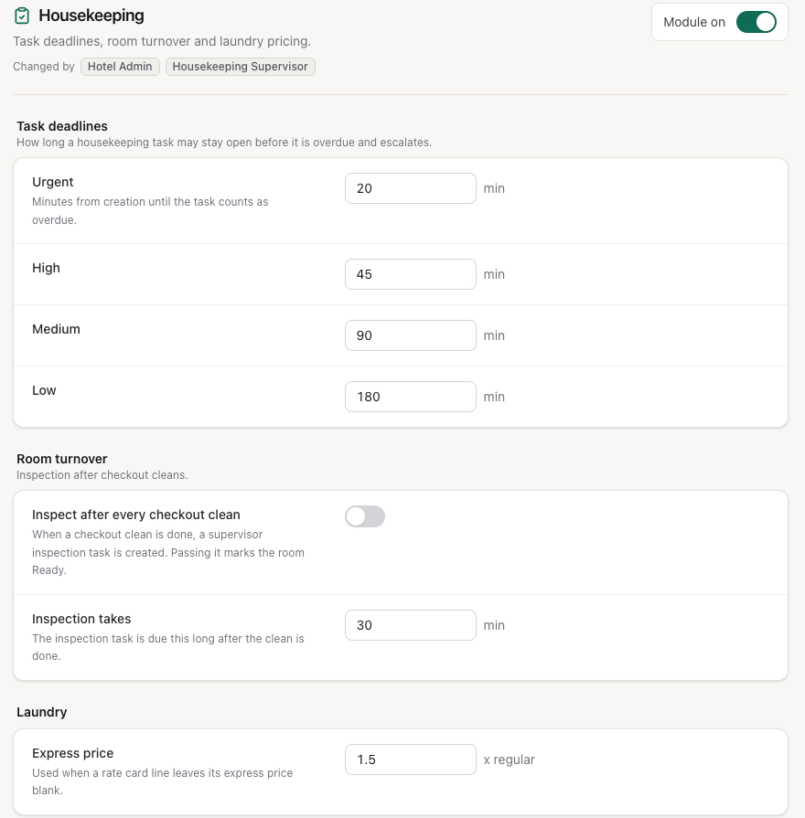 Settings → Housekeeping: task deadlines, room turnover and the laundry express multiplier