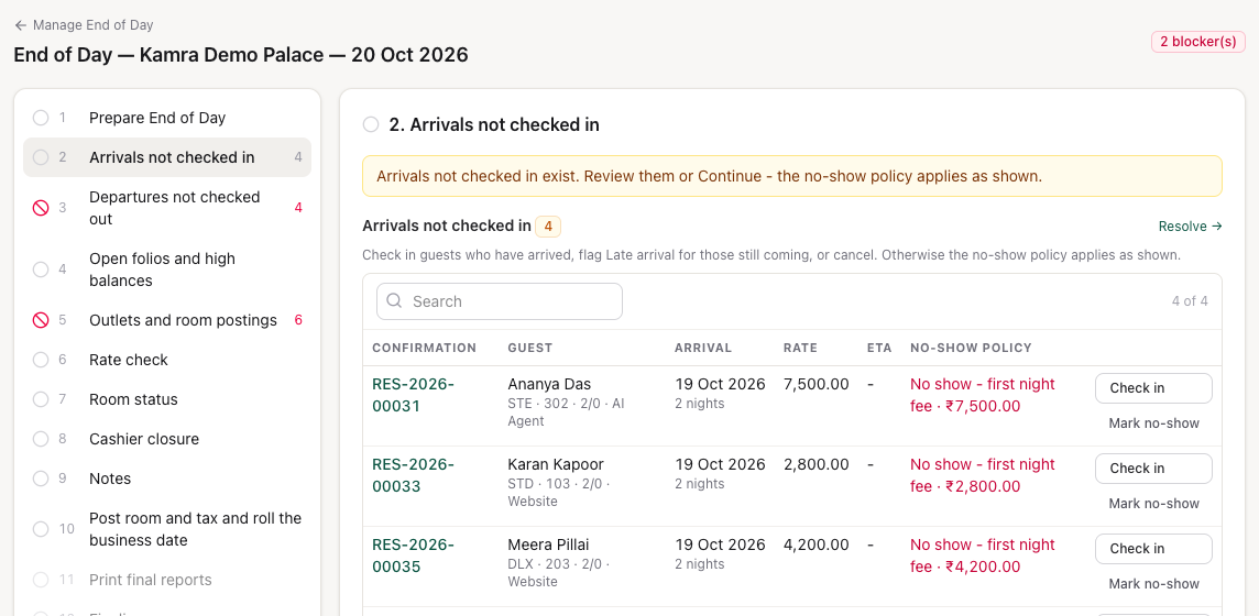 Step 2, Arrivals not checked in: each arrival with its room type, room, party and source under the guest's name, the arrival date and nights, the rate, what the no-show policy will do, and the Check in and Mark no-show buttons