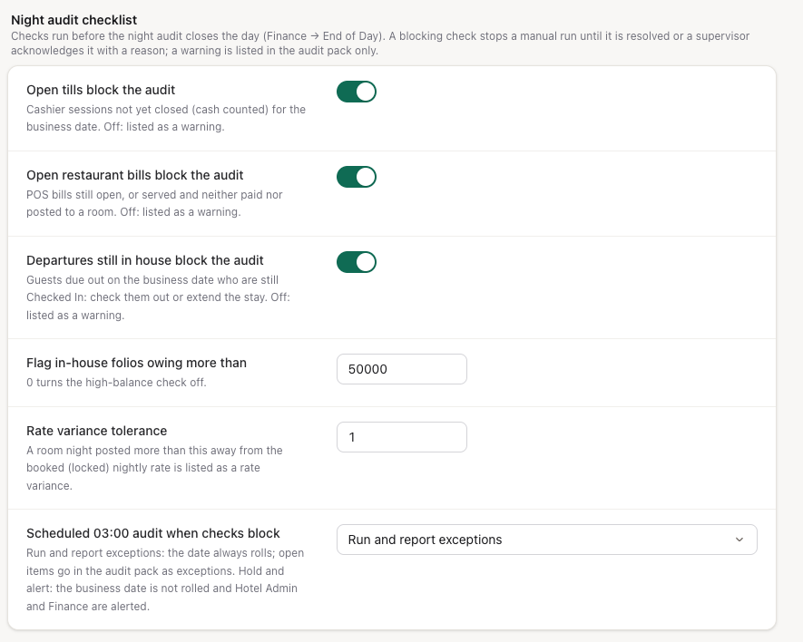 Settings → Front Desk → Night audit checklist