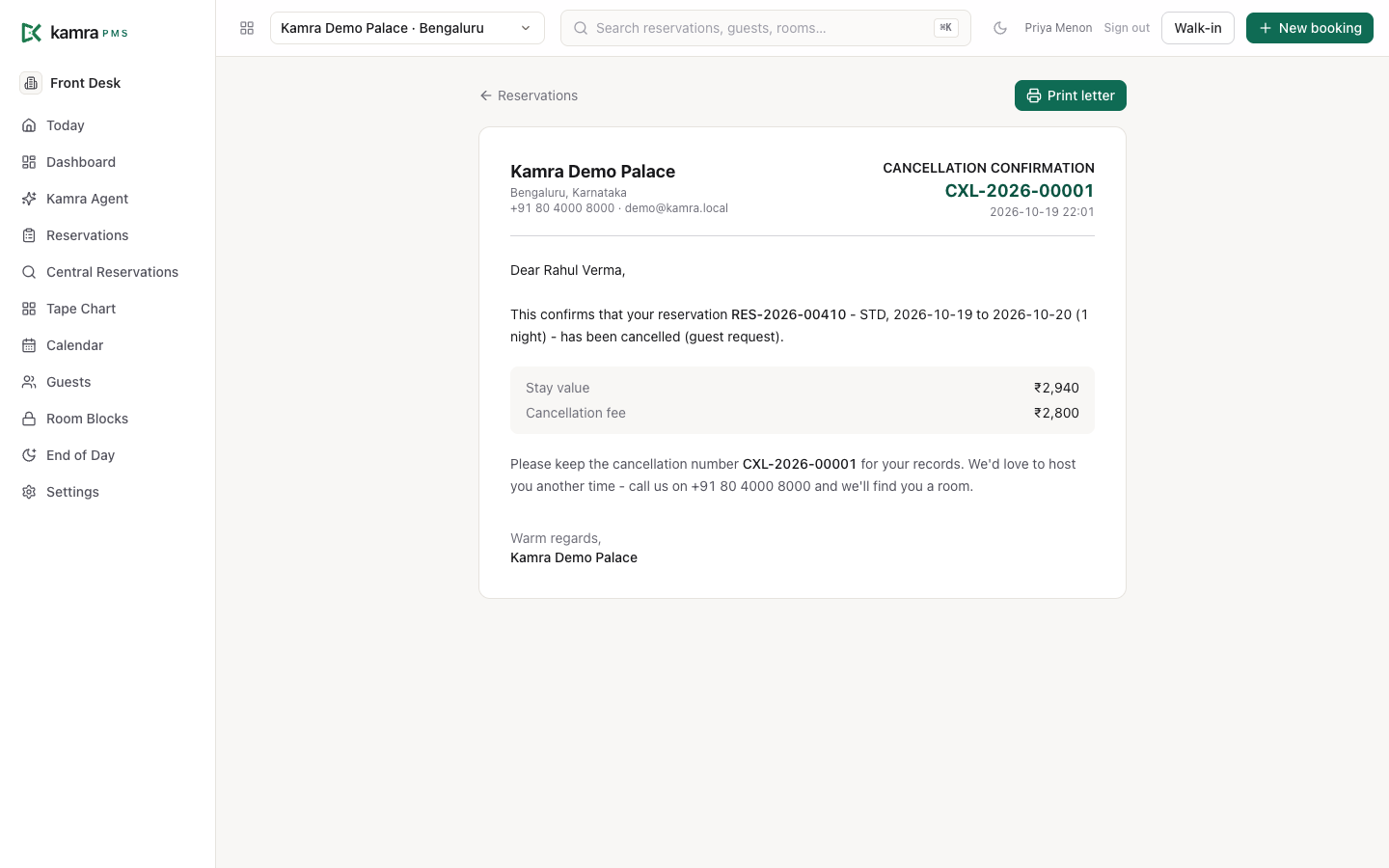 The cancellation confirmation letter with the cancellation number, stay value and cancellation fee