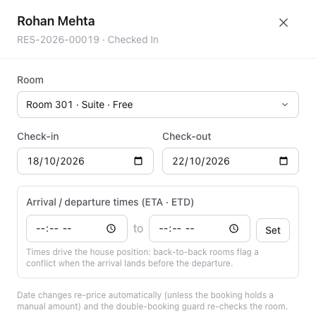 The panel that opens from a tape chart bar: room, check-in and check-out dates, and arrival and departure times