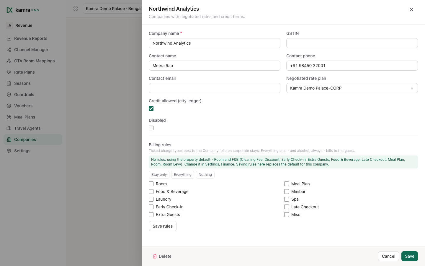 A company record with contact, negotiated rate plan, credit allowed and billing rules
